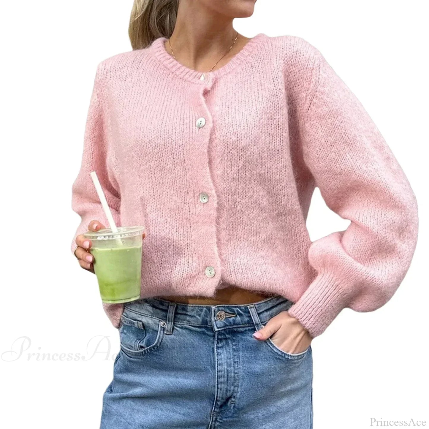 Solid O-neck Cropped Knitted Cardigan