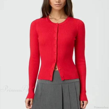 Solid Ribbed Button Up Slim Knit Cardigan