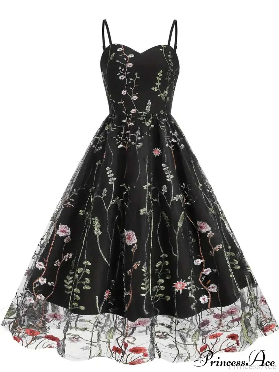 Spaghetti Strap Embroidered Tulle Panel Retro Floral Dress