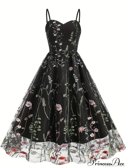 Spaghetti Strap Embroidered Tulle Panel Retro Floral Dress