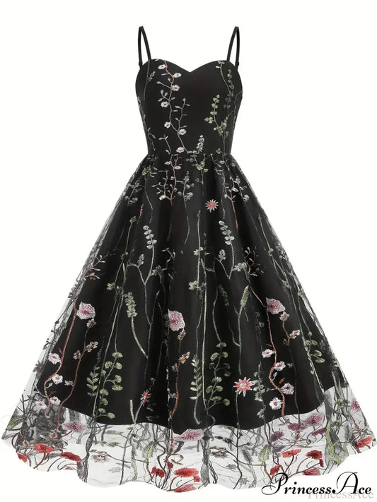 Spaghetti Strap Embroidered Tulle Panel Retro Floral Dress