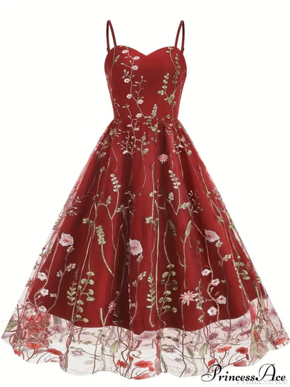 Spaghetti Strap Embroidered Tulle Panel Retro Floral Dress
