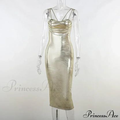Spaghetti Strap Gold Midi Fashion Wrap Chest Slim Backless Summer Party Club Bodycon Dress