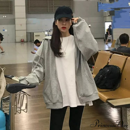 Spring Hoodie Hop Zipper Y2K Oversized Women's Gray Embroidery Letter Streetwear Punk Hip Sweatshirt