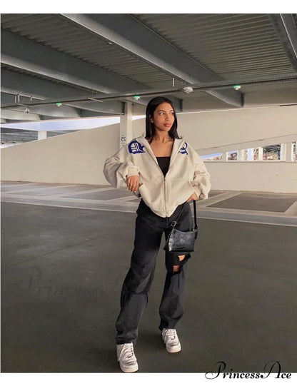 Spring Hoodie Hop Zipper Y2K Oversized Women's Gray Embroidery Letter Streetwear Punk Hip Sweatshirt