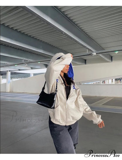 Spring Hoodie Hop Zipper Y2K Oversized Women's Gray Embroidery Letter Streetwear Punk Hip Sweatshirt