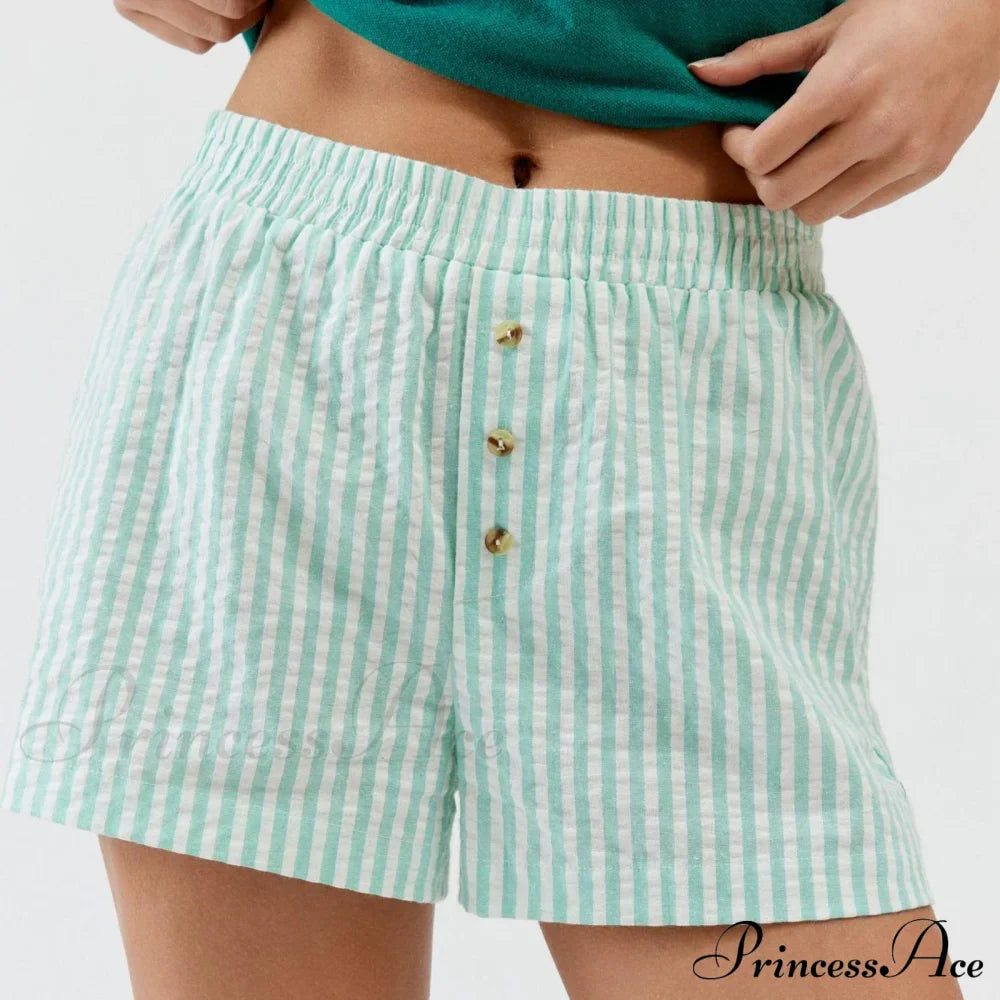 Stripe Print Pajama Boxer Elastic Waist Button Decor Straight Leg Sleeping Pants Short
