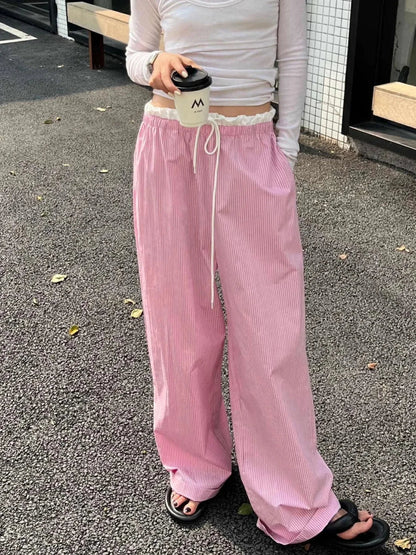 Striped Casual Ruched Vintage Sweet Straight Pant