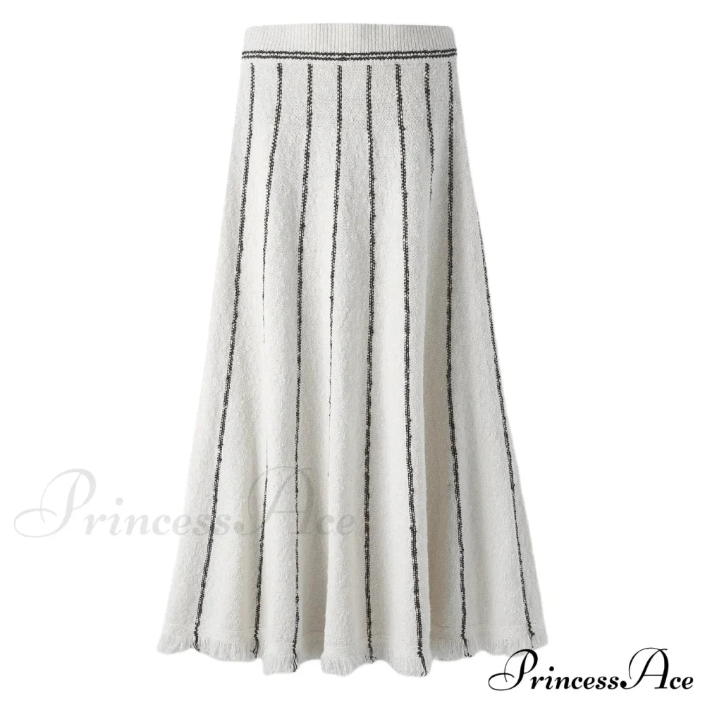 Striped Casual Vintage Elastic Waist Tassel Skirt