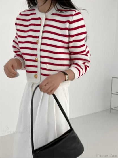 Striped Print Cropped Loose Knit Knit Cardigan