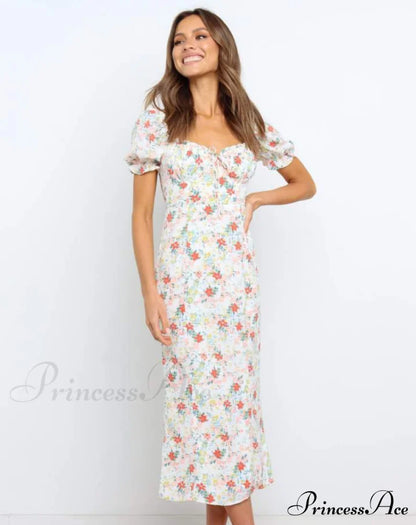Summer Beach Sweet Dress with Puff Sleeves and Ruffles