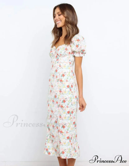 Summer Beach Sweet Dress with Puff Sleeves and Ruffles