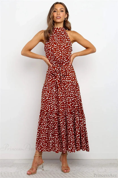 Summer Floral Print Halter Neck Beach Floral Dress