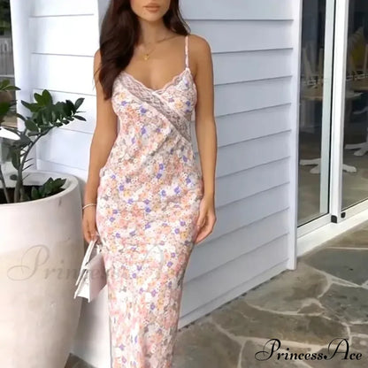 Summer Maxi Print Sleeveless Backless Lace Casual Elegant Club Party Bodycon Dress