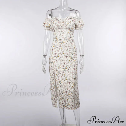 Summer Off Shoulder Puff Sleeve Lace Up Side Split Chic Aesthetic Floral Dress