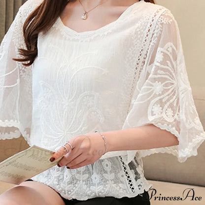 Sweet Spring Lace Fashion and Women's Warm-Season Out Hollow White Blouse Top