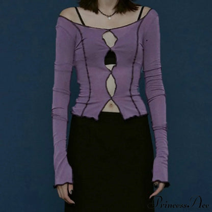 T-Shirt Arm Long for Hollow Top O-Neck Spring Casual Solid Out Women