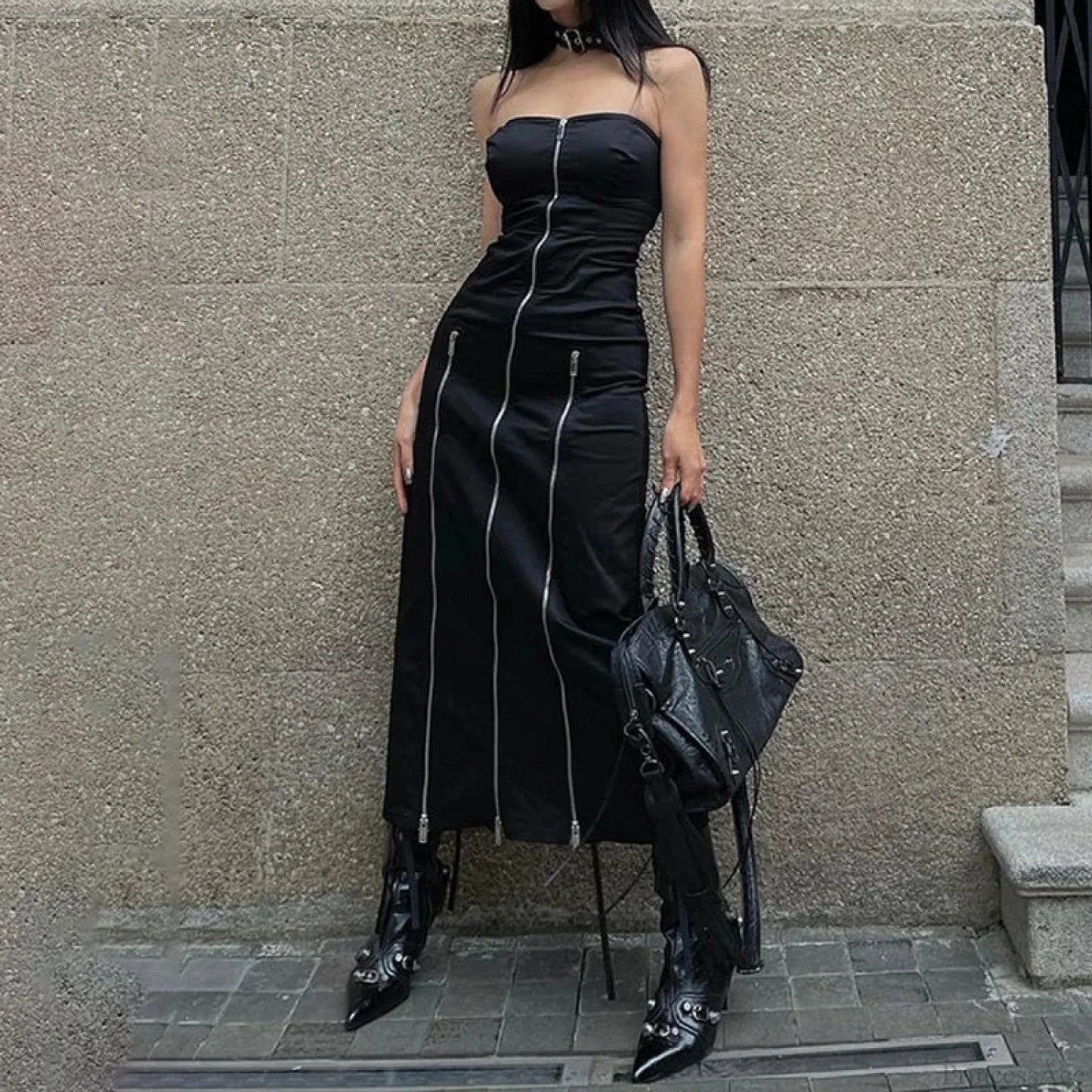 Technical Zip Up Split Ebony Midi Dress