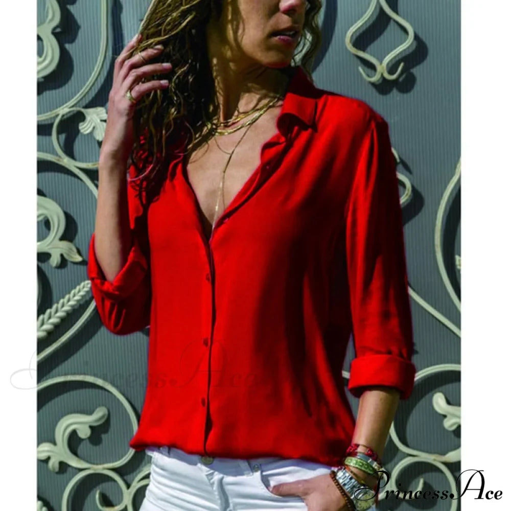 Tops Female Office Warm-Season Blouse Women V-Neck Casual Solid Shirts Chiffon Regular