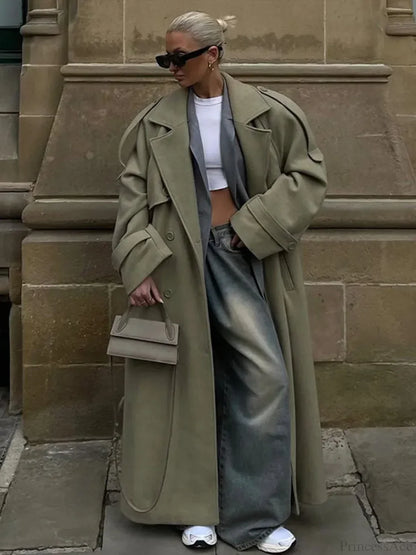Turn-Down Collar Lace-Up Loose Overcoat
