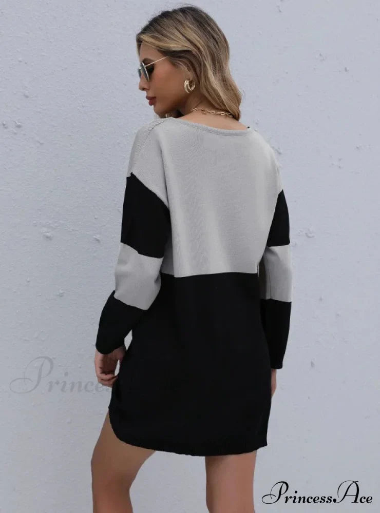 Turtleneck Loose Knit Stitching Sweater Dress