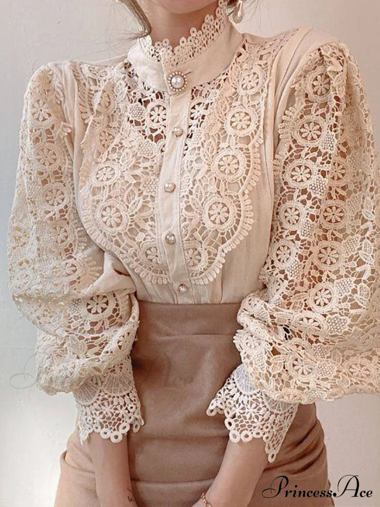 Up Pink Arm Lace Vintage Spliced Button Blouse Women's Long Casual Top