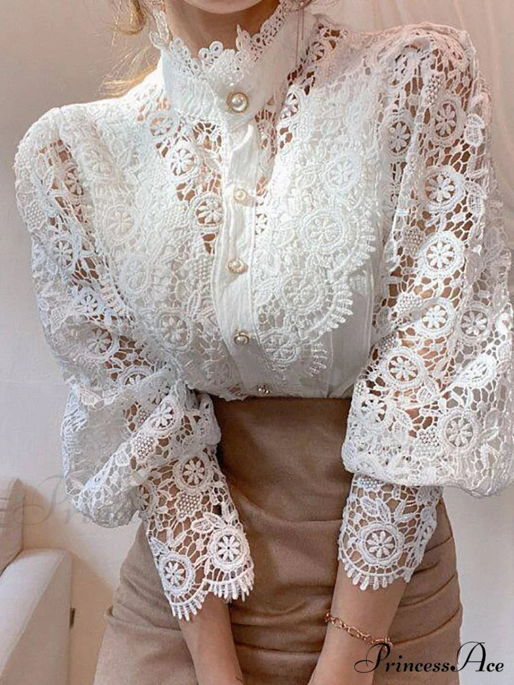 Up Pink Arm Lace Vintage Spliced Button Blouse Women's Long Casual Top