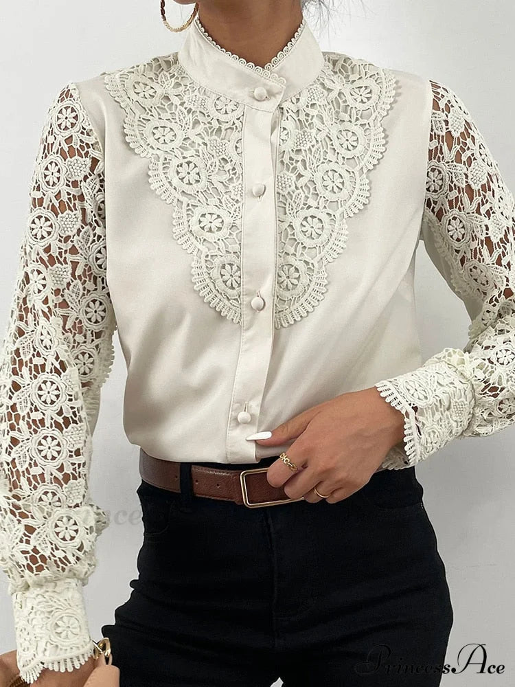 Up Pink Arm Lace Vintage Spliced Button Blouse Women's Long Casual Top