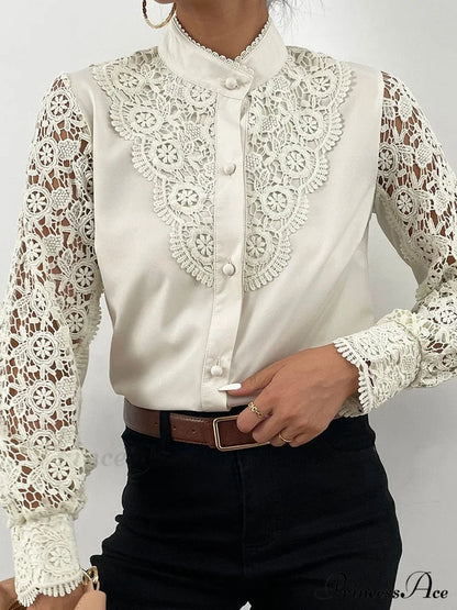 Up Pink Arm Lace Vintage Spliced Button Blouse Women's Long Casual Top