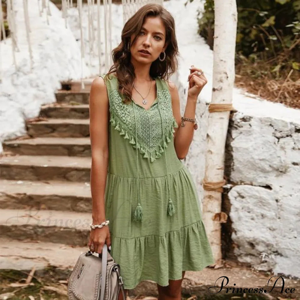V-neck Casual Sleeveless Solid Boho Dress