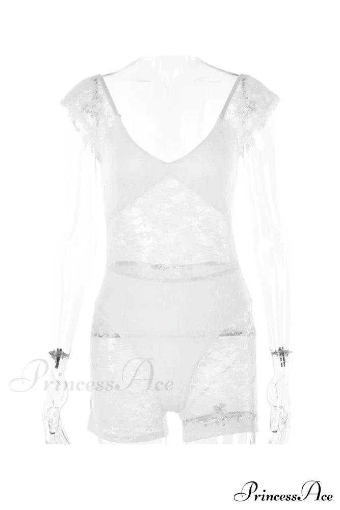 V Neck Lace Bodycon Rompers with Short Sleeves
