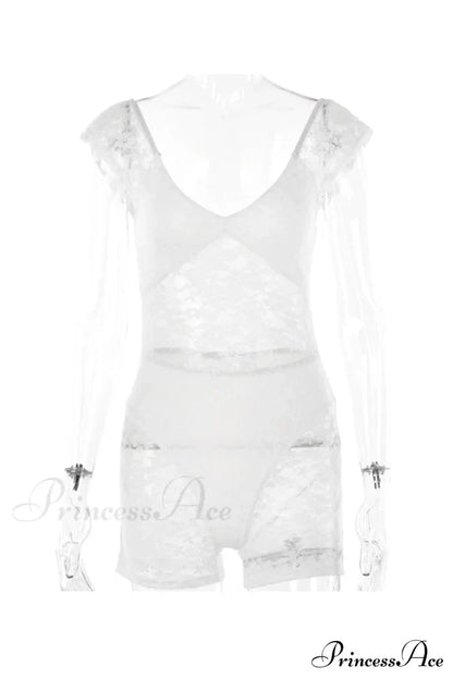 V Neck Lace Bodycon Rompers with Short Sleeves