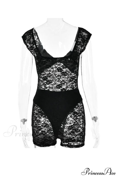 V Neck Lace Bodycon Rompers with Short Sleeves