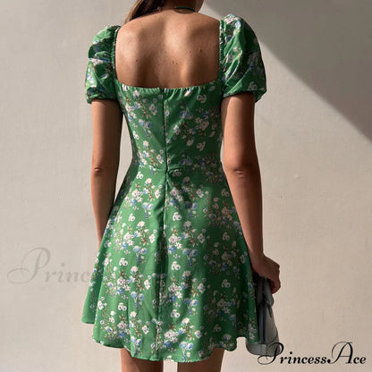 V-Neck Lace Up Lantern Sleeve Ruffles Dress
