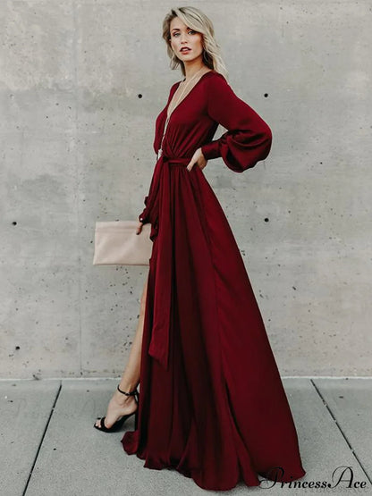 V-neck Long Sleeves Belted Maxi Dress