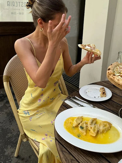 V-neck Print Floral Yellow Vacation Dress