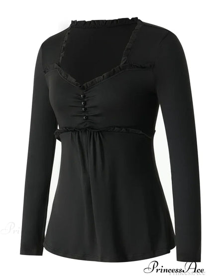 V-neck Ruched Solid Color Vintage Ruched Buttons T-Shirts