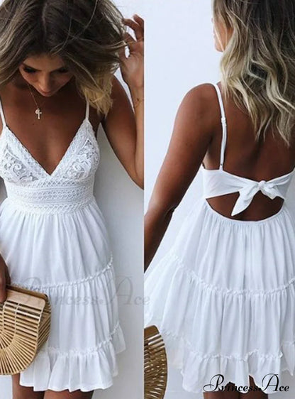 V-neck Sleeveless Lace Patchwork Beach Dress for Women