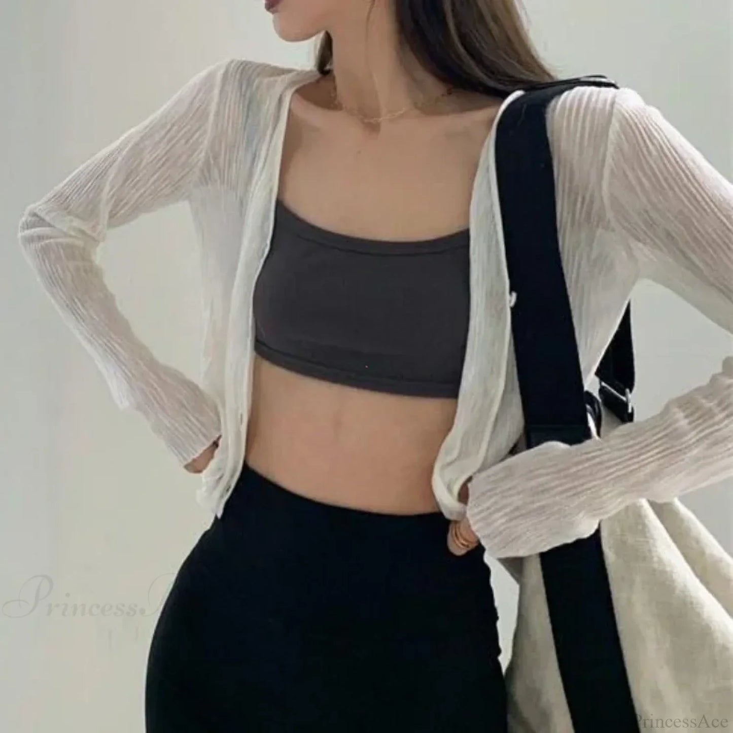 V-Neck Thin Long Sleeve Sunscreen Casual Black White Cardigan