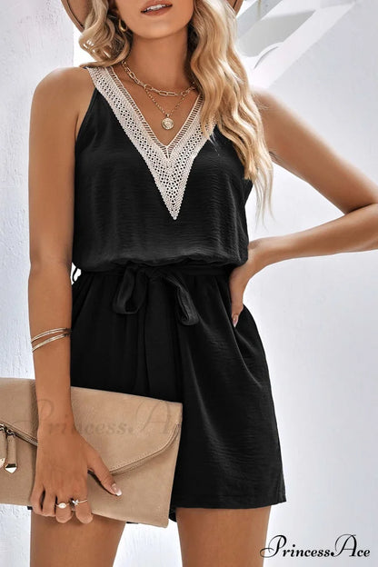 V Neck Tie-waist Rompers with Lacework