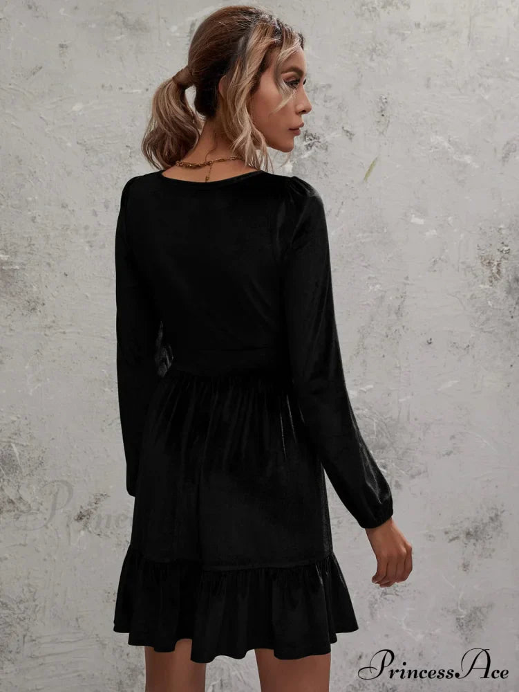 Velvet Ruffled Dress with Deep V-Neck and Puff Sleeves