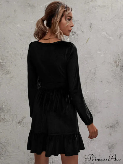 Velvet Ruffled Dress with Deep V-Neck and Puff Sleeves