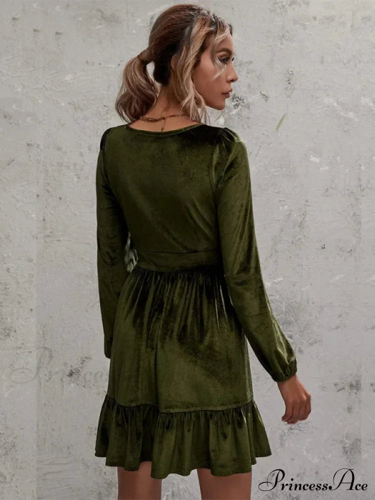 Velvet Ruffled Dress with Deep V-Neck and Puff Sleeves