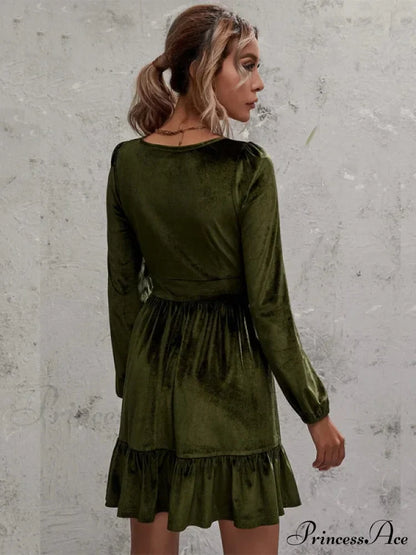 Velvet Ruffled Dress with Deep V-Neck and Puff Sleeves