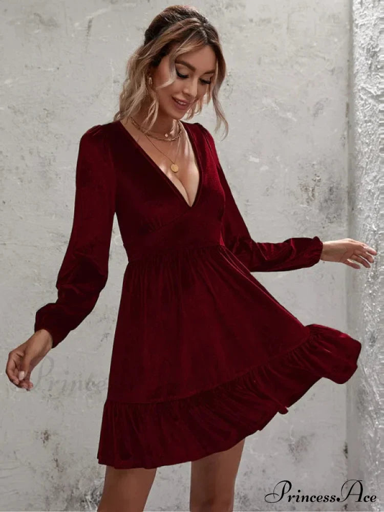 Velvet Ruffled Dress with Deep V-Neck and Puff Sleeves
