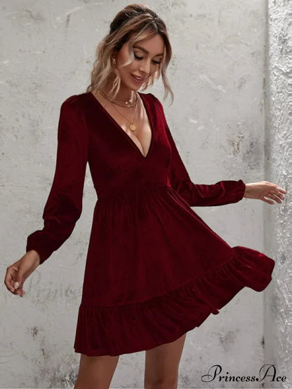 Velvet Ruffled Dress with Deep V-Neck and Puff Sleeves