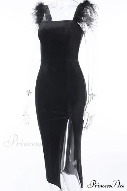 Velvet Split Dress with Fuzzy Shoulders