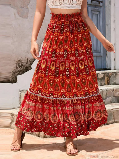 Vintage Beach Bohemian Floral Print Elastic Waist A-Line Skirt