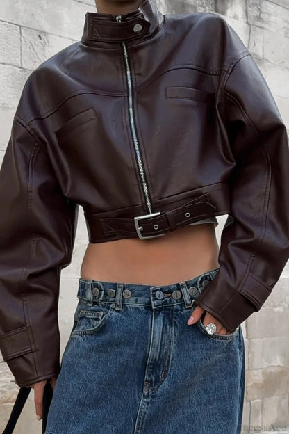 Vintage Biker Stand Collar Zipper Leather Jacket