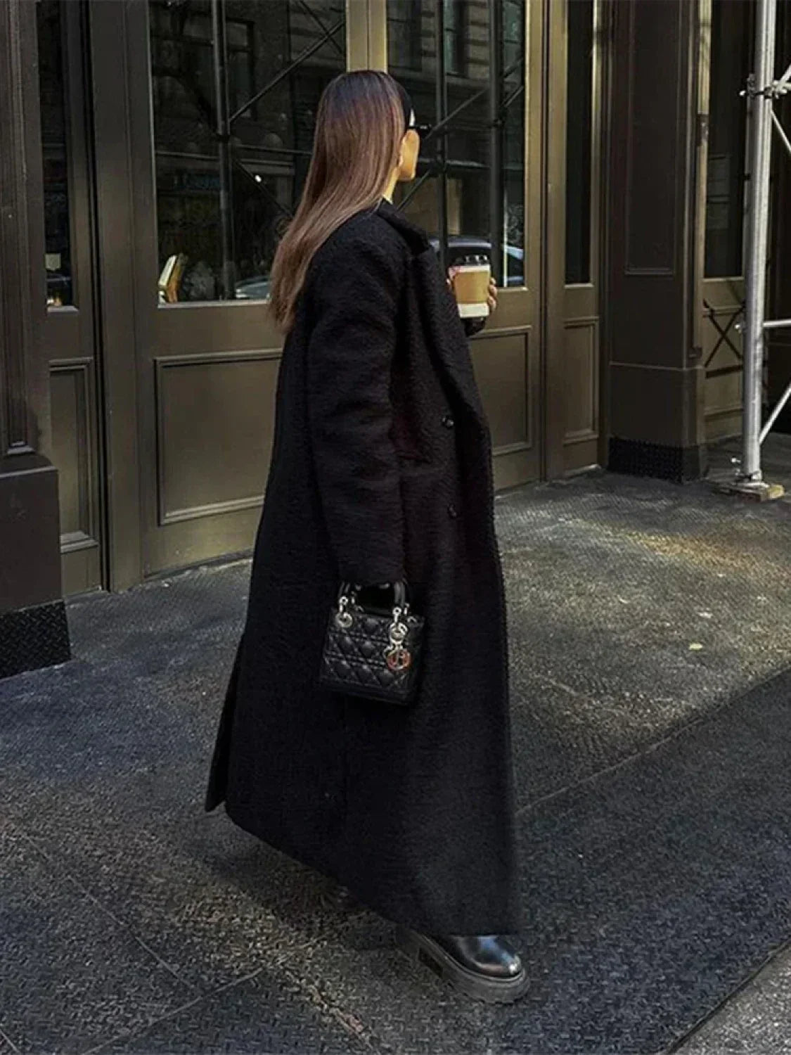 Vintage Black Woolen Double-Breasted Overcoat